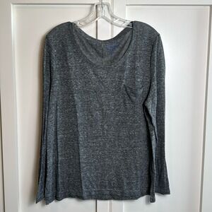 Gap‎ Women Charcoal Grey Linen Blend Long Sleeve Scoop Neck Pocket T Shirt Top L